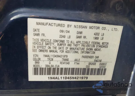 2005 Nissan Altima 2.5 S из США, поврежденный, VIN 1N4AL11D45N421979